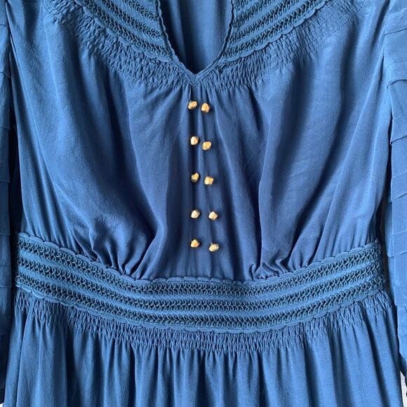 Leifsdottir Blue Dress Gold Beads Tiered Ruffle 3/4 Sleeve Twilight Alice Size 4 - Picture 4 of 16